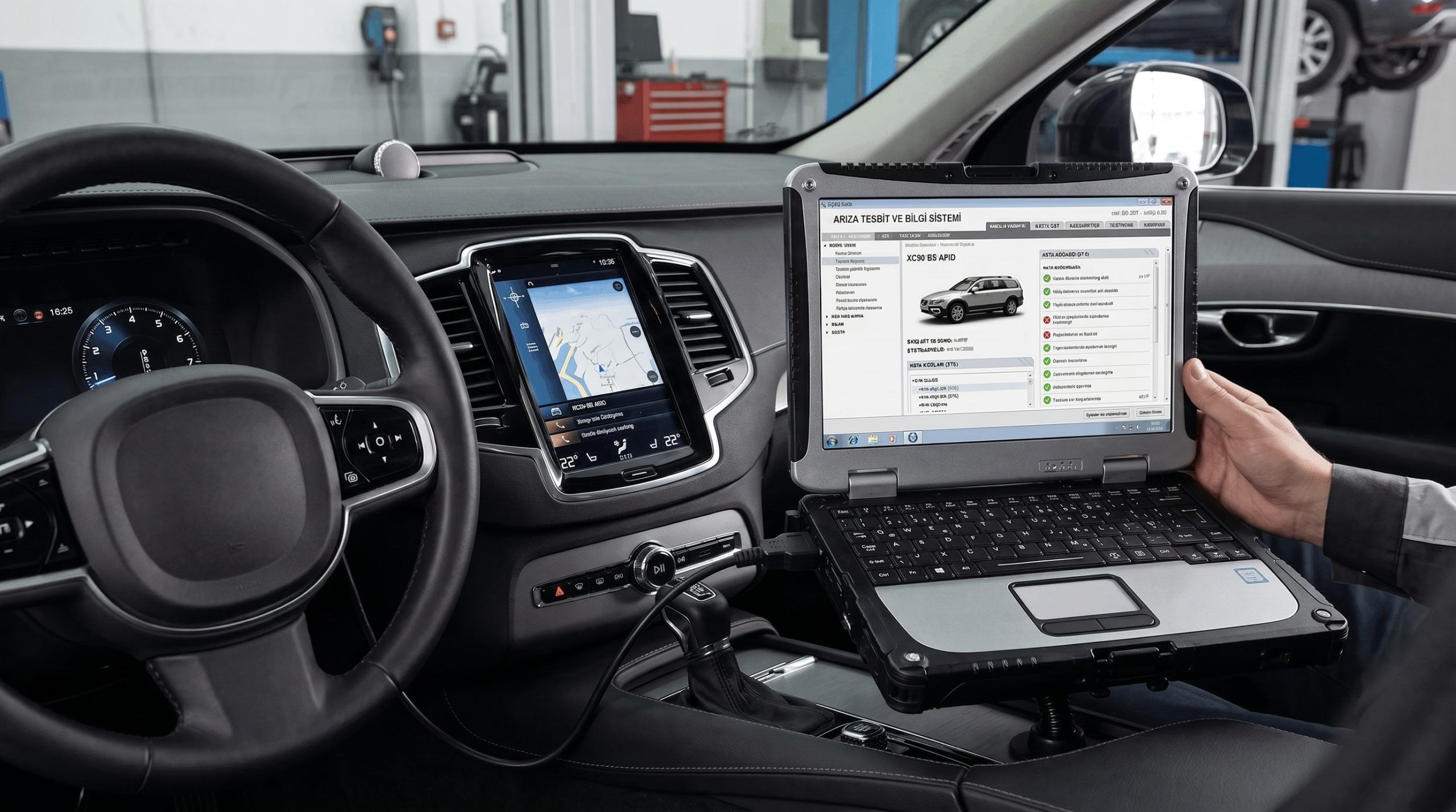 Gemini_Generated_Image_2rxcmh2rxcmh2rxc - Ferman Motorss Technician using a rugged laptop on the passenger seat to diagnose a car while in a workshop, dashboard and tablet screen visible behind the wheel.