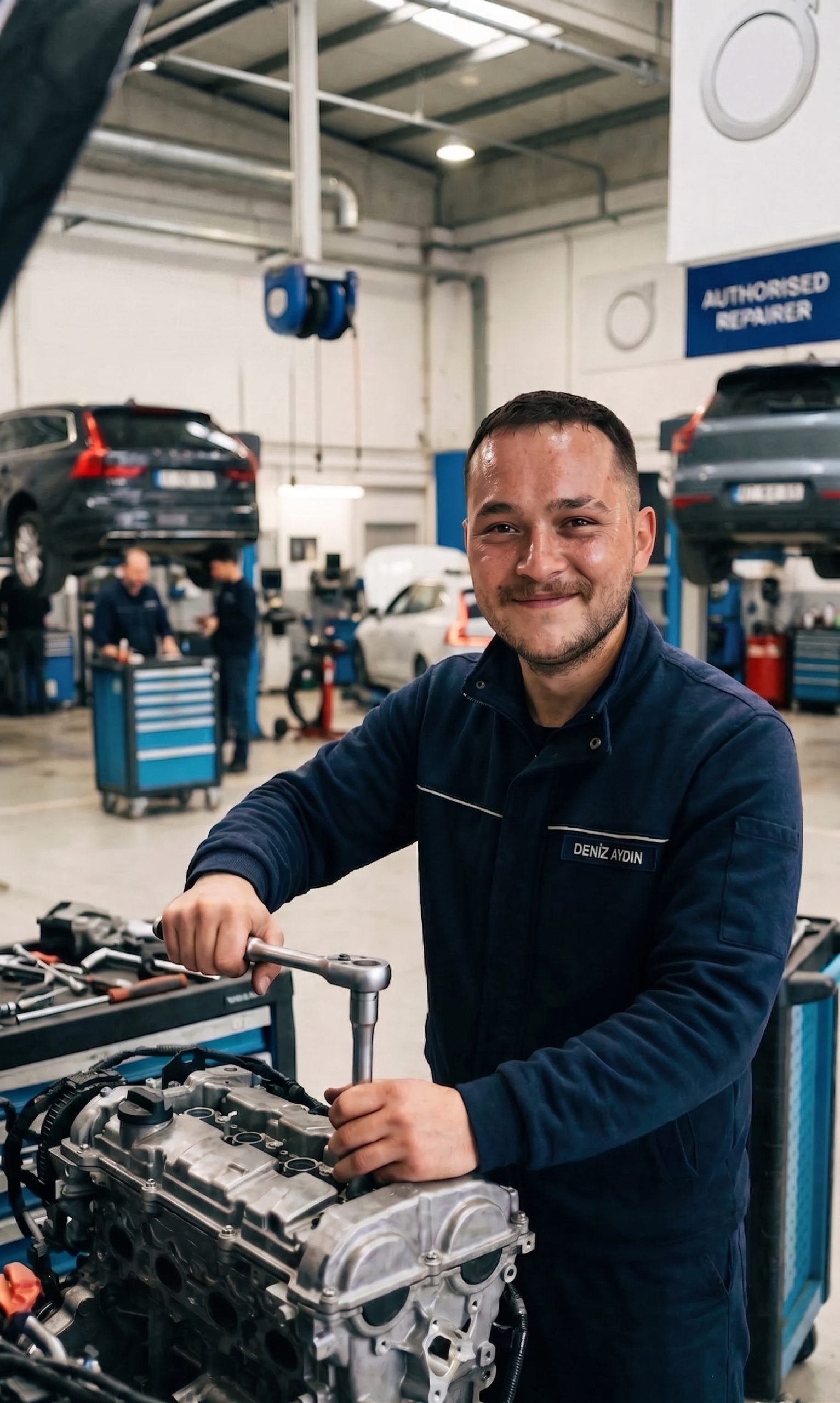Gemini_Generated_Image_3k1s2p3k1s2p3k1s - Ferman Motorss - Ferman Motorss Smiling mechanic in a blue uniform using a ratchet on an open engine in a busy auto repair shop, with cars on lifts in the background.