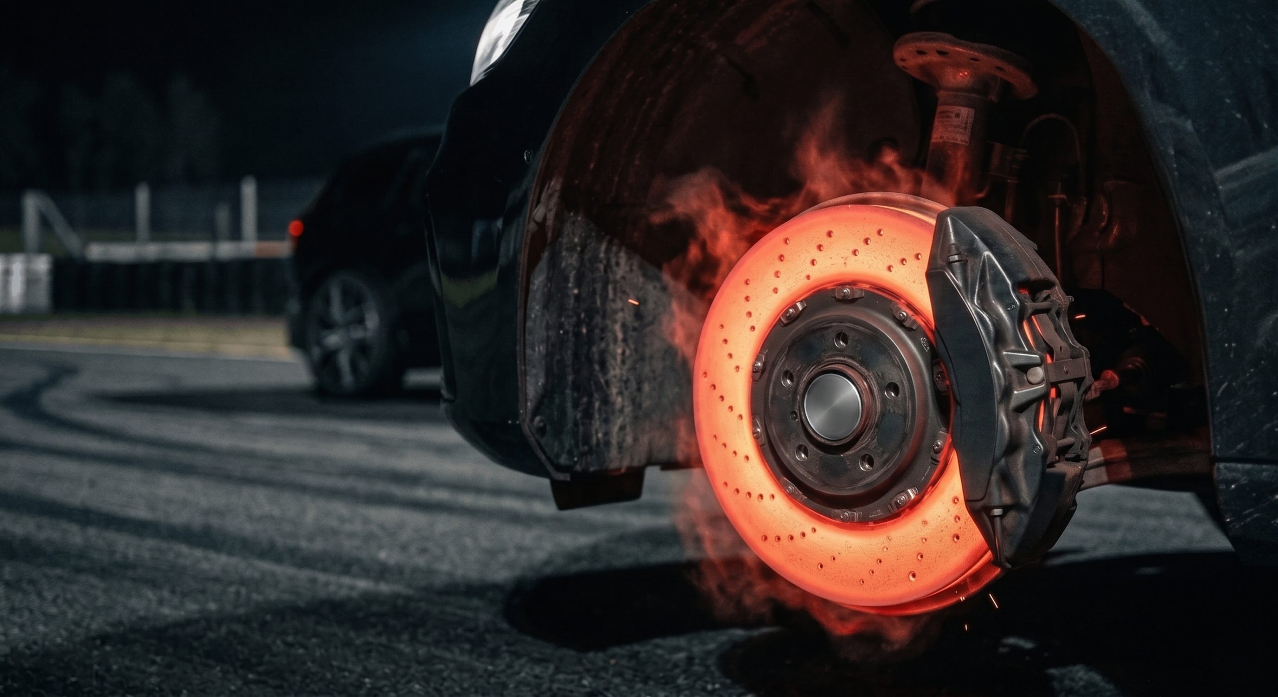 Gemini_Generated_Image_9ukc6r9ukc6r9ukc - Ferman Motorss - Ferman Motorss Car wheel with a bright orange glowing brake rotor and caliper; sparks fly in a dark scene.