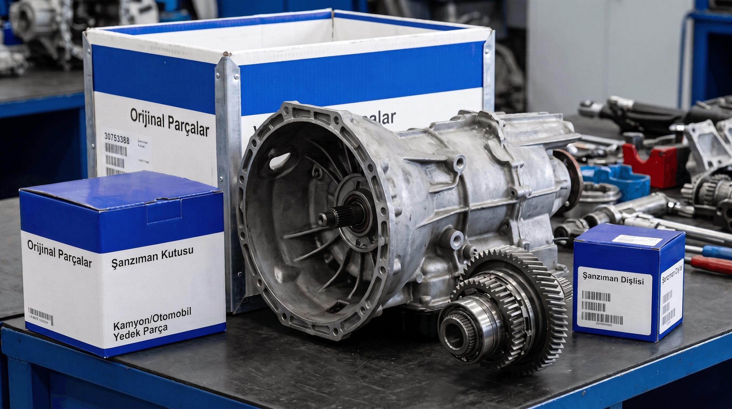 Gemini_Generated_Image_eacuz9eacuz9eacu - Ferman Motorss - Ferman Motorss Close-up of a transmission housing and gears on a workbench, surrounded by blue and white boxes labeled Original Parts in Turkish (Orijinal Parçalar).