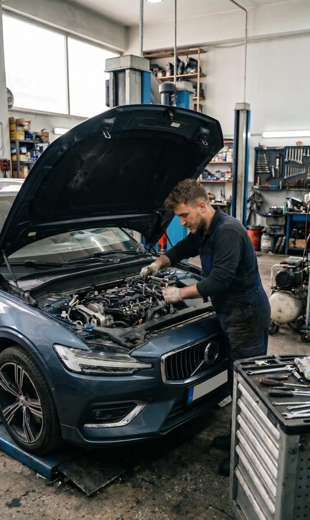 Mechanic in navy overalls inspecting the engine under the open hood of a blue SUV in an auto repair shop.