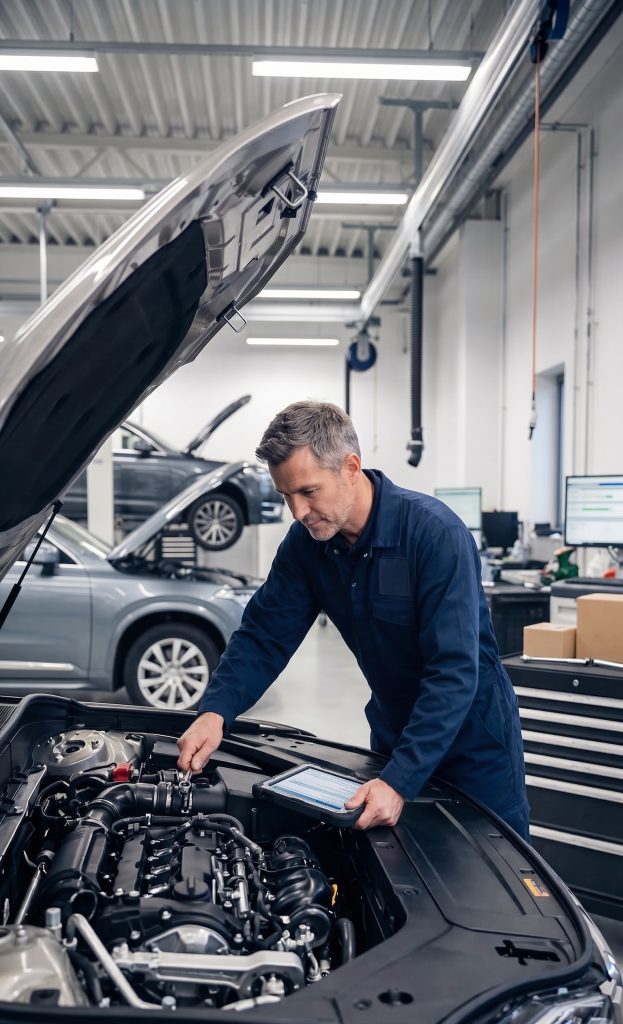 Mechanic in blue coveralls inspecting a car engine with the hood open in a bright workshop, using a diagnostic tablet placed on the engine bay table.